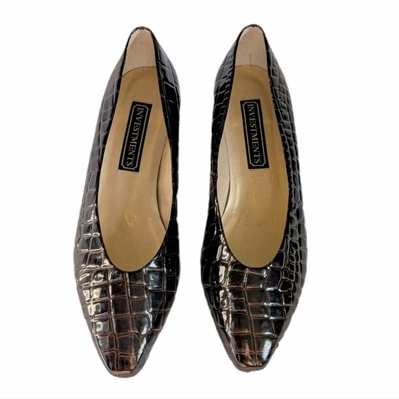 Vintage 80s Brown Polished Croc Embossed 100% Leather Block Heel - Picture 3 of 10